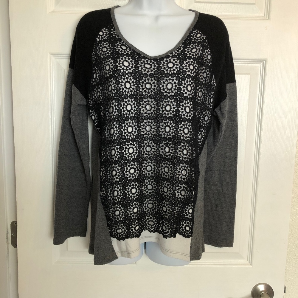 Democracy White and Gray Long Sleeved Top with Black Crochet Overlay